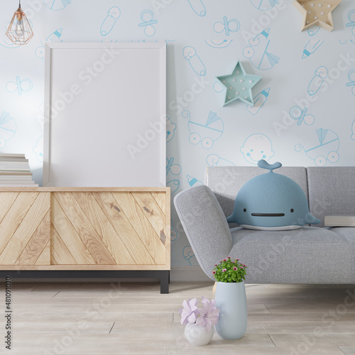 Mock up poster frame in modern interior background, living room, Scandinavian style, 3D render photo