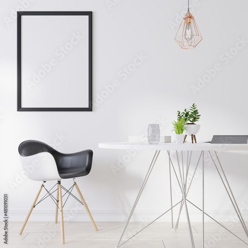 Mock up poster frame in modern interior background, living room, Scandinavian style, 3D render photo