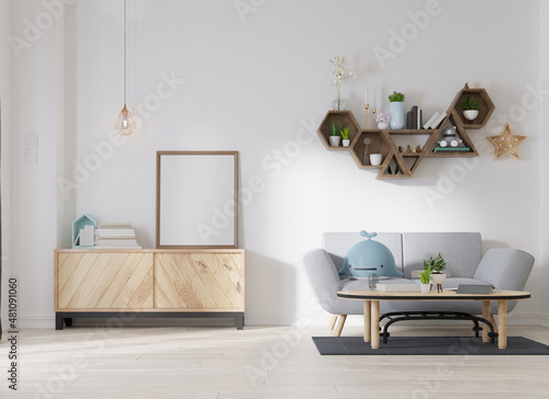 Mock up poster frame in modern interior background, living room, Scandinavian style, 3D render photo