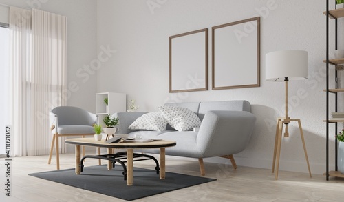 Mock up poster frame in modern interior background  living room  Scandinavian style  3D render