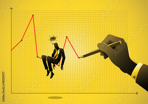 Young upset stock broker sitting on the deflation graph