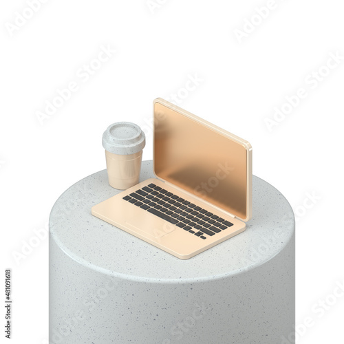 Laptop with coffee mug on stone podium. Work and freelance concept.