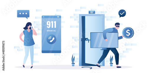 Robber takes television, money out of apartment. Woman owner calling police or emergency service 911. Crime and housebreaking. Masked burglar with stolen items.