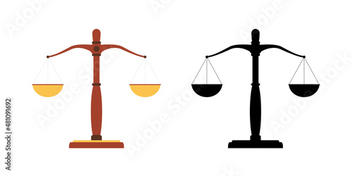Libra and black silhouette. The scales are balanced, equality. Sign of justice and law. Measuring device isolated on white background.
