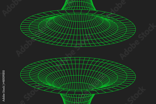 Wormhole geometric grid wireframe tunnel flat style design vector illustration. Abstract futuristic time travel wormhole tunnel science 3d surface concept grid.