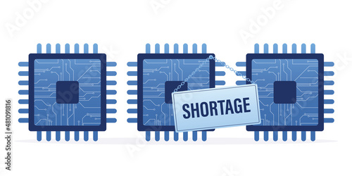 Semiconductor shortage, concept banner. Microchips with text placard. Computer chip supply chain shortage due to Covid-19 pandemic, electronics manufacturing problem.