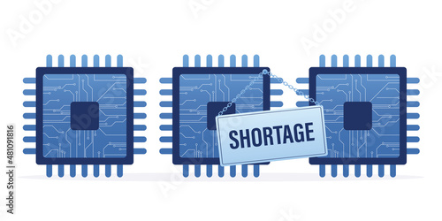 Semiconductor shortage, concept banner. Microchips with text placard. Computer chip supply chain shortage due to Covid-19 pandemic, electronics manufacturing problem. photo