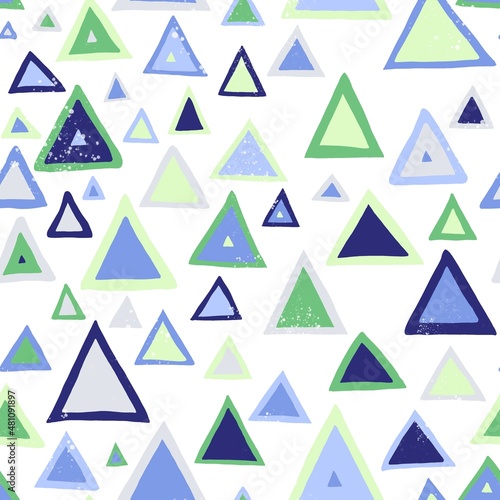 Delicate handwritten seamless pattern with many triangles of different colors and trihedrons interspersed in them. For any textile design  wallpaper or background.