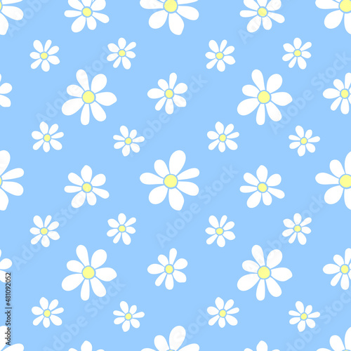 Vector simple floral seamless pattern. Cute endless print with flowers chamomile in flat style. Summer spring child backgrounds and textures