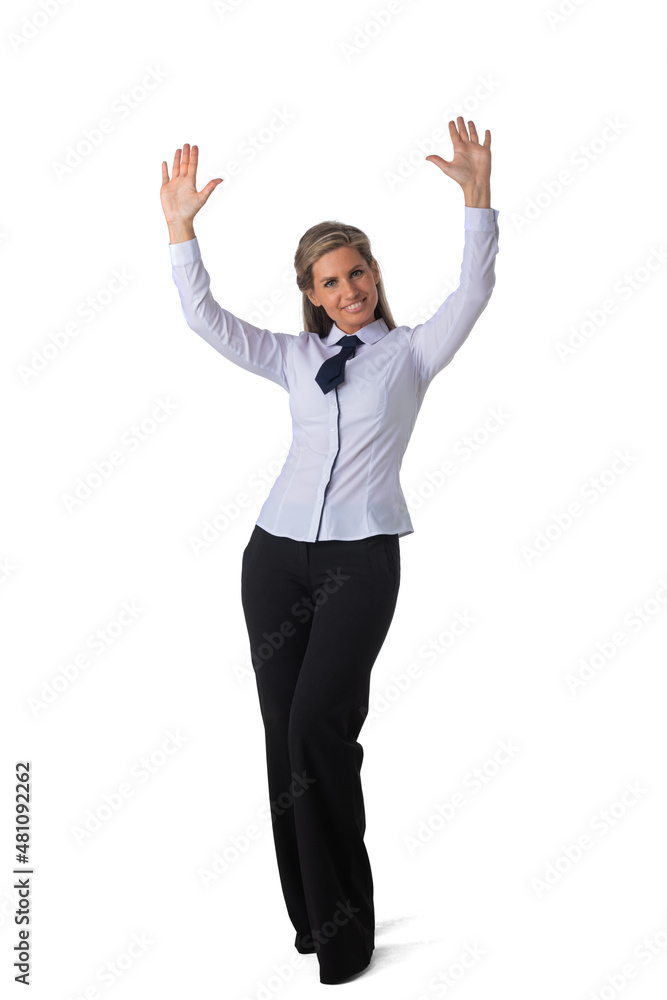 Business woman raising her arms in joy Business woman raising her arms in joy