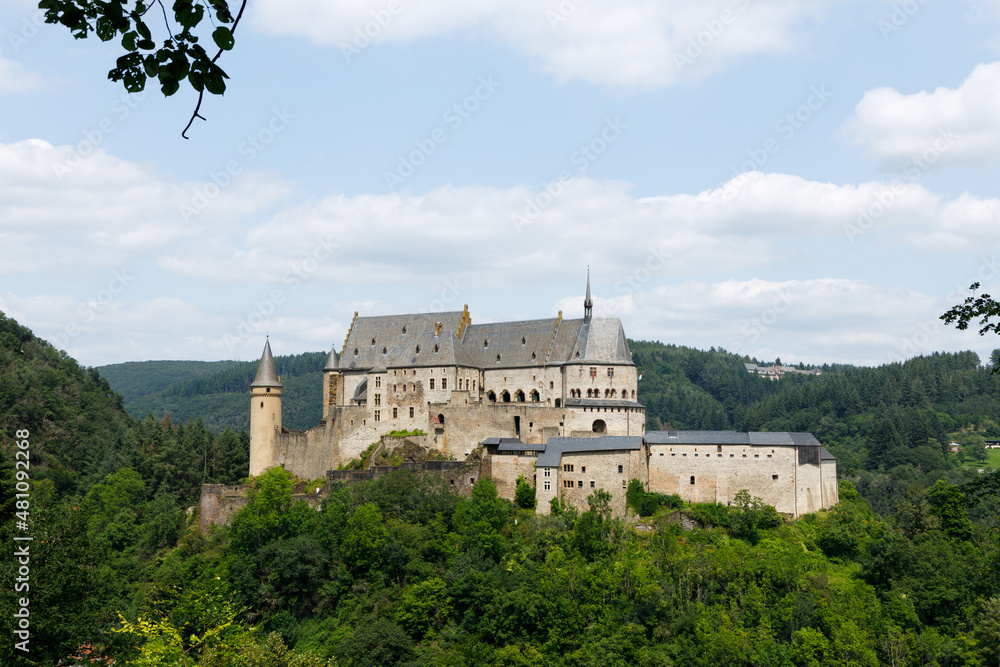 Castle Vianden. Luxemburg, Vianden - JULY 27, 2021: Castle of Vianden on a hilltop.