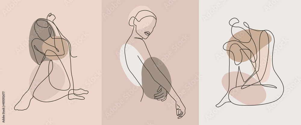 Nude Body One Line Drawing Set. Woman Body Sketch Art. Female Figure Abstract Minimalist Silhouette. Vector EPS 10 - obrazy, fototapety, plakaty 