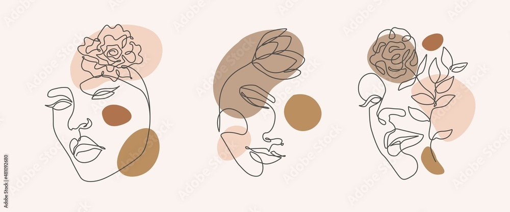 Collection of Woman Face Background Set with Flowers and Color Organic Shapes. Abstract Line Art Vector Illustration for Wall Decor, Website, Invitation, Print, Poster, Postcard and Sticker. Collection of Woman Face Background Set with Flowers and Color Organic Shapes. Abstract Line Art Vector Illustration for Wall Decor, Website, Invitation, Print, Poster, Postcard and Sticker.