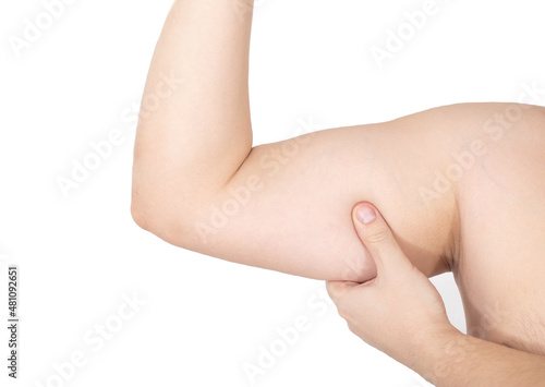 Human forearm biceps on white background, isolate. Muscle amyotrophy Concept. Rehabilitation for biceps and triceps injuries