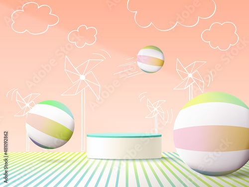 3d rendering of podium and abstract geometric with empty space for kids or baby product.