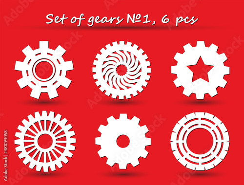 Set of gears 1. Six varieties. Collection of vector images