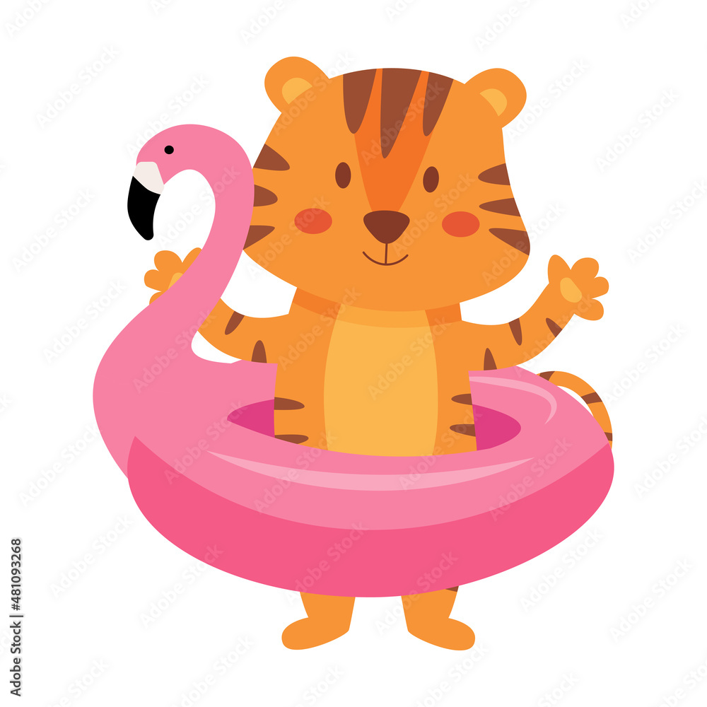 Cute cartoon tiger with a flamingo swim ring, vector illustration isolated on white background Cute cartoon tiger with a flamingo swim ring, vector illustration isolated on white background