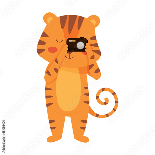 Fototapeta Naklejka Na Ścianę i Meble -  Cute tiger photographer. Tiger with a camera in his hands, , vector illustration isolated on white background
