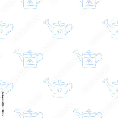 Seamless pattern with watering cans. Hand drawn outline vector background and texture in doodle style, isolated. Gardening tools for working in the garden, on the farm, in the dacha, country site