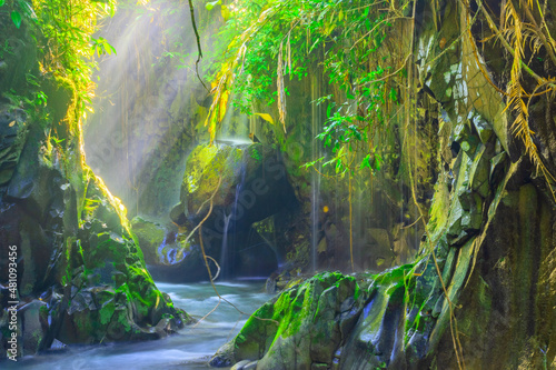 dream-like scenery  beautiful waterfalls between stone passages in the morning
