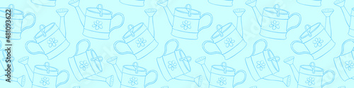 Seamless pattern with watering cans. Hand drawn outline vector background and texture in doodle style, isolated. Gardening tools for working in the garden, on the farm, in the dacha, country site