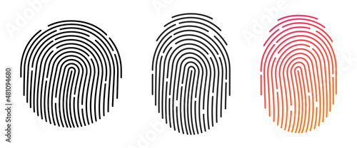 Fingerprint icons. Personal id identity. Press finger, scan for safety.  Unique touch id. Individual fingertip is verification in police. Semi-simplified fingerprint on white background. Vector photo