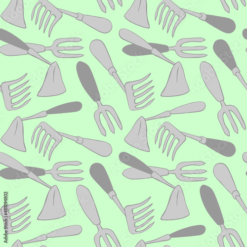 Seamless pattern with hoes. Hand drawn outline vector background and texture in doodle style, isolated. Gardening tools for working in the garden, on the farm, in the dacha, country site