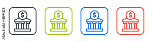 Bank with dollar sign icon set. Bank building vector icon.