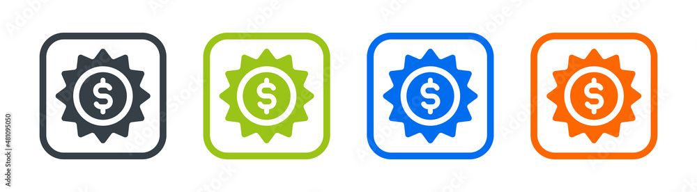 Dollar prize on badge icon set. Promotion label symbol Dollar prize on badge icon set. Promotion label symbol
