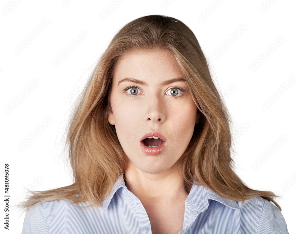 portrait of amazed blonde woman with mouth open