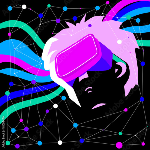 Neon futuristic human head art with fully immersive virtual reality headset. VR glasses, augmented reality
