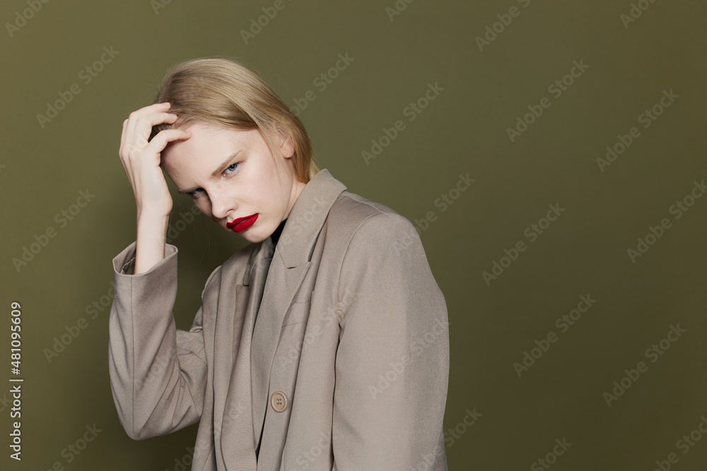 pretty woman with red lips coat bright makeup studio model unaltered pretty woman with red lips coat bright makeup studio model unaltered