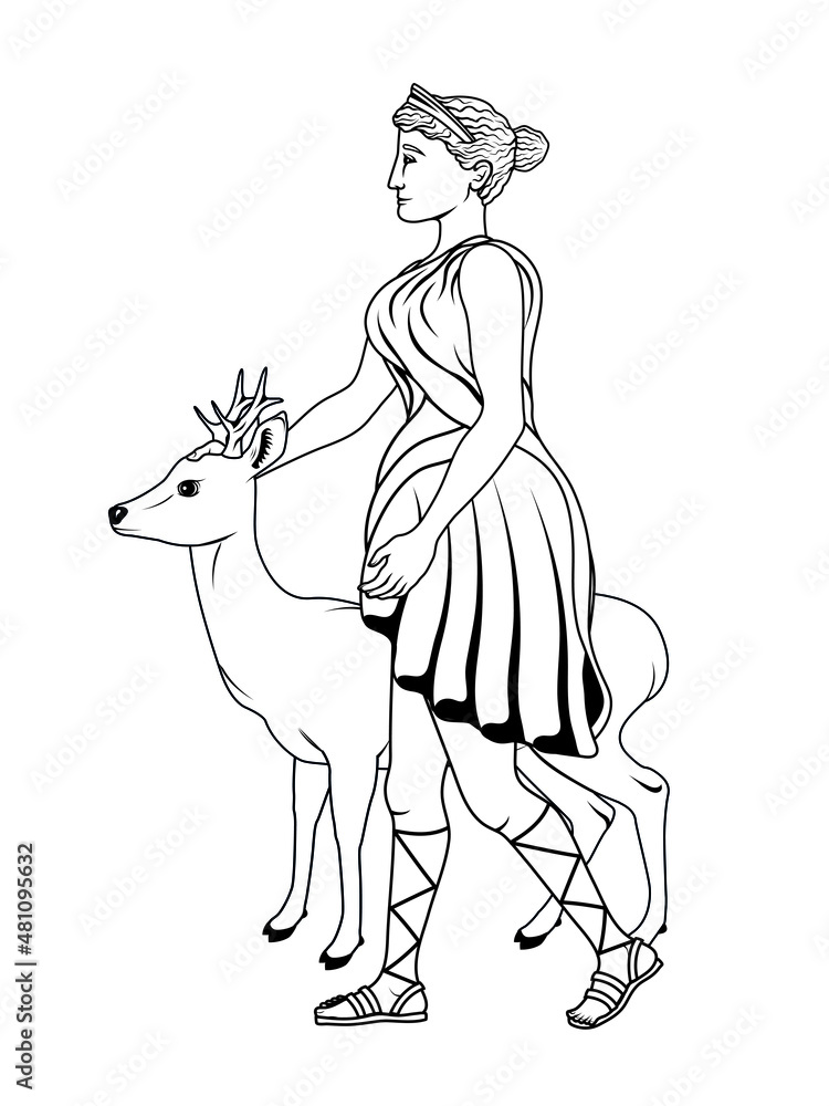 Fototapeta premium Vector illustration of the Greek goddess Artemis with a deer