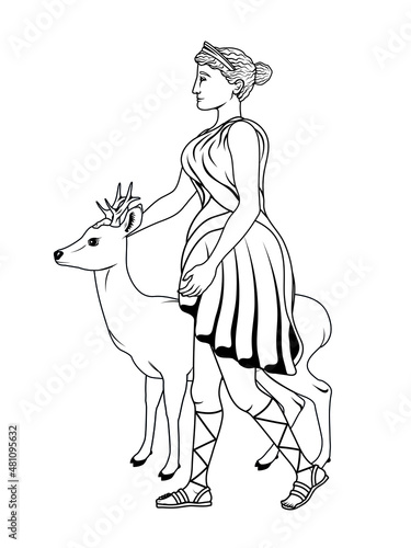 Vector illustration of the Greek goddess Artemis with a deer