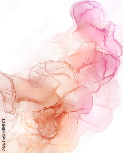 Abstract pink orange liquid fluid art alcohol inks splash background with glitter 
