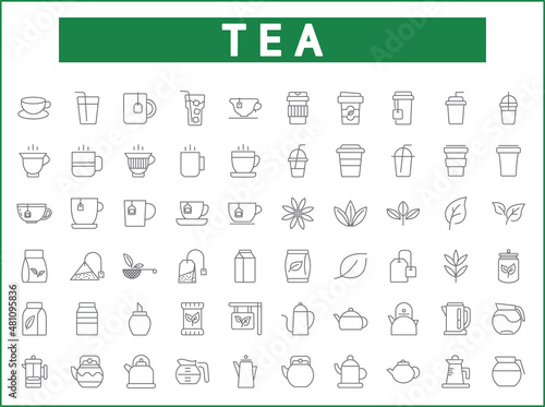 Set of tea and drink line style. It contains such as star anise, infusion bags, tea strainer, green tea, nature, herbal, rooibos and other elements.