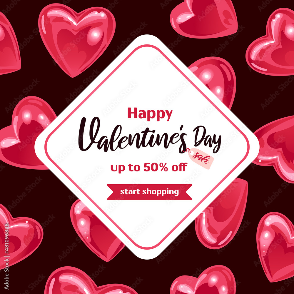 Square banner for Valentines Day. Flying sparkling realistic heart shaped balloons. On a dark background. For advertising banner, website, advertising flyer.