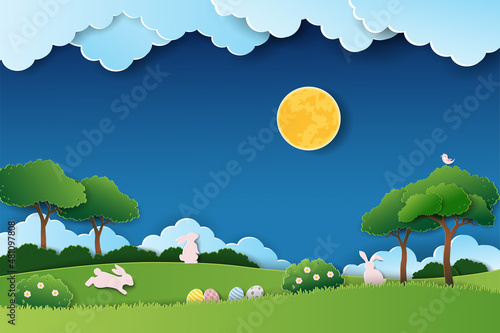 Happy Easter greeting card on paper art background for festive spring holiday