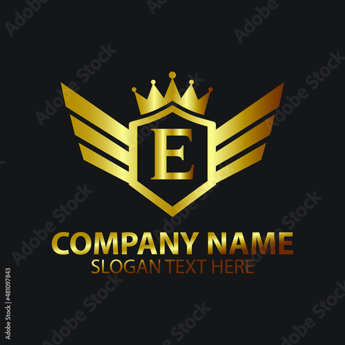 Luxury Letter E Gold Wing with Shield Crown Logo template  Golden Wing Shield Luxury Initial Letter E logo