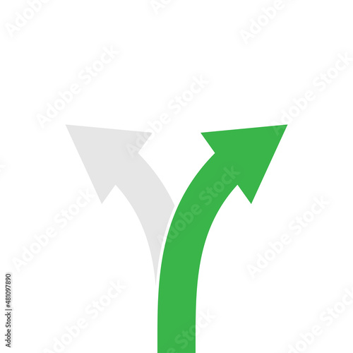 The two arrows, green and grey, point in different directions. Choosing the correct right green path. Vector pictogram signs