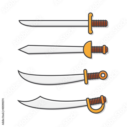 Set Of Sword Vector Icon Illustration. Cartoon Sword Weapon Flat Icon