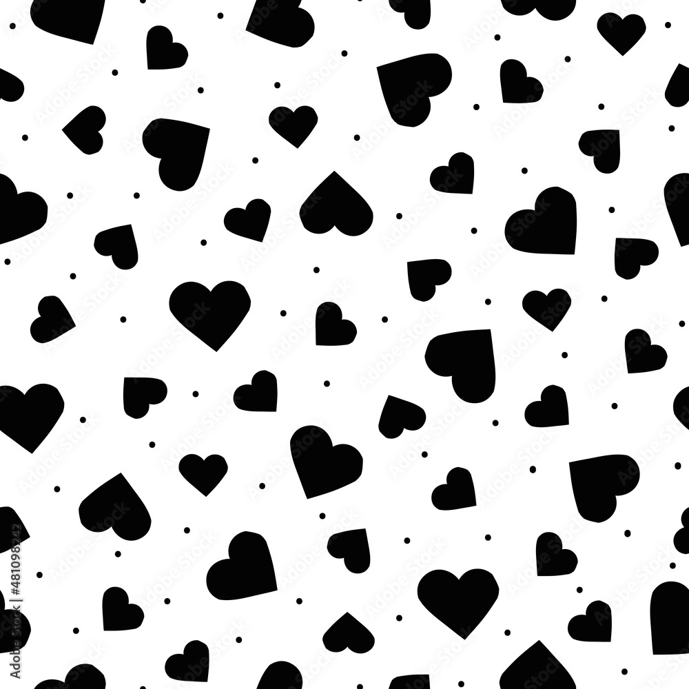 Cute black hearts and dots,white background. seamless pattern. beautiful romantic background, fashionable Valentine's Day print, textiles, wallpaper, banners - vector texture. Cute black hearts and dots,white background. seamless pattern. beautiful romantic background, fashionable Valentine's Day print, textiles, wallpaper, banners - vector texture.