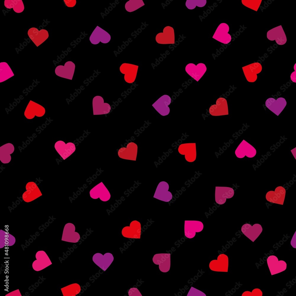 Seamless romantic pattern with red and pink hearts. Black background. Fashion design template, greeting cards, printing, Valentine's Day, vintage textiles. Vector texture.