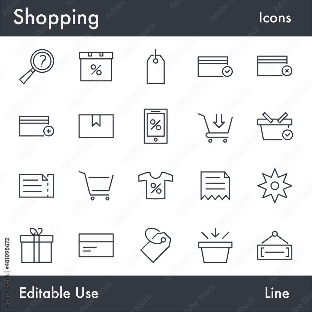 Simple Shop and E-Commerce vector line icon set. Contains linear outline icons like Cart, Basket, Store, Sale, Buy, Bag, Package, Tag. Editable use and stroke for Infographic, Web, Print.