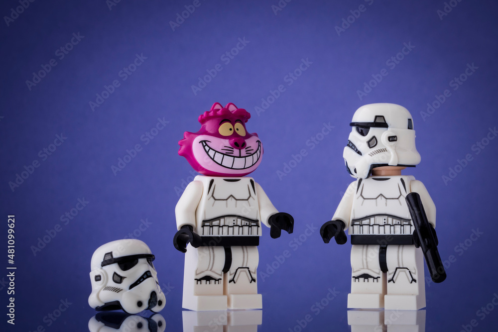 Fototapeta premium Lippstadt - Deutschland 16. Juli 2020 Lego Grinsekatze mit star wars Stormtrooper