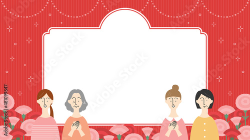 母の日向け　フレームテンプレート／カーネーションと女性（アスペクト比 16:9 ワイドサイズ）