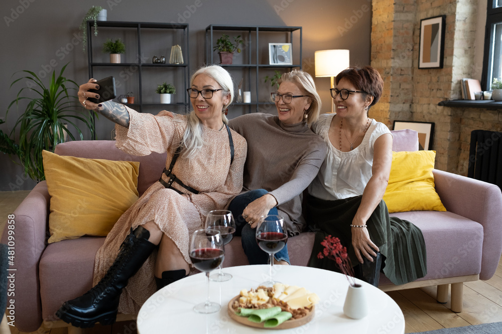Group of happy mature women making selfie portrait on mobile phone together while sitting on sofa in the room at home Group of happy mature women making selfie portrait on mobile phone together while sitting on sofa in the room at home