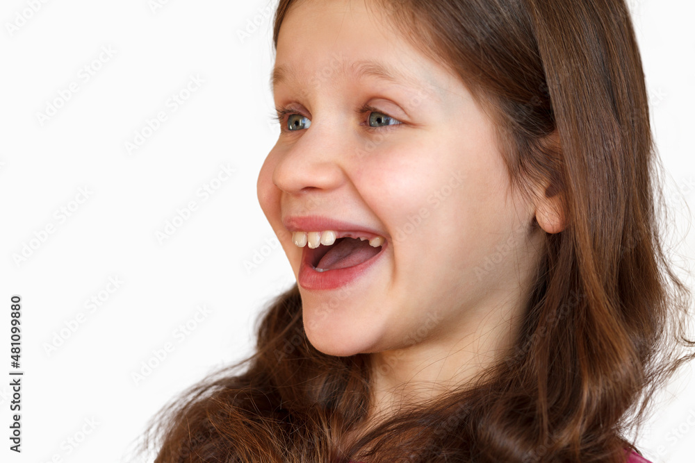 Missing teeth child toothless concept. Baby tooth - little girl with missing teeth on isolated on white background copy space Missing teeth child toothless concept. Baby tooth - little girl with missing teeth on isolated on white background copy space