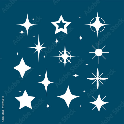 White stars on a dark blue background. Set of elements. Vector illustration