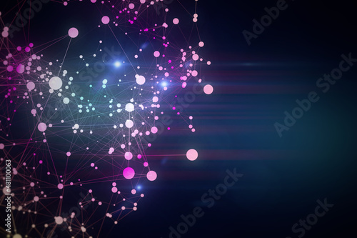 Abstract glowing connected dots interface on dark backdrop with mock up place. Network and connection concept. 3D Rendering.